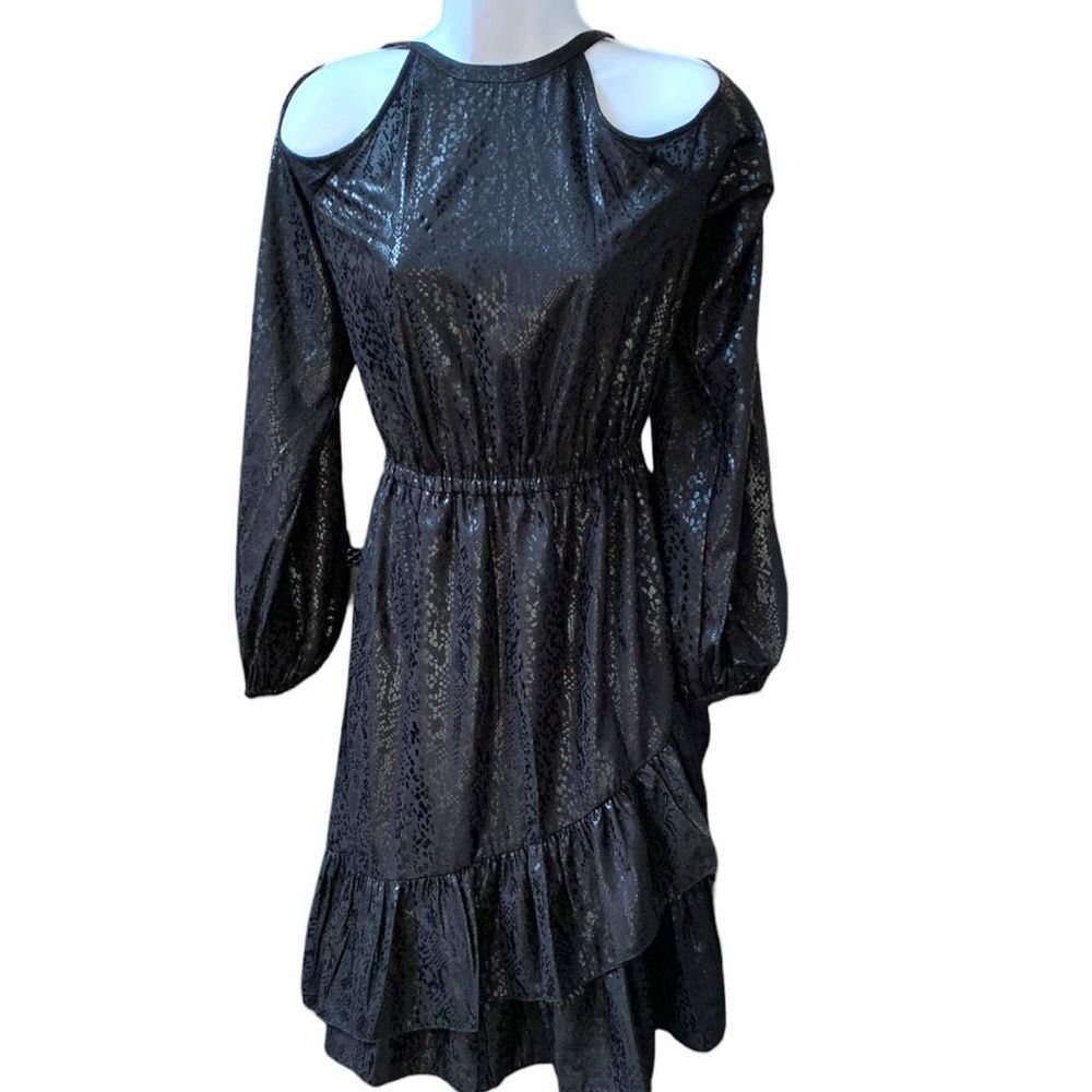 Michael Kors Black Cold-Shoulder Long Sleeve Ruffled Dress